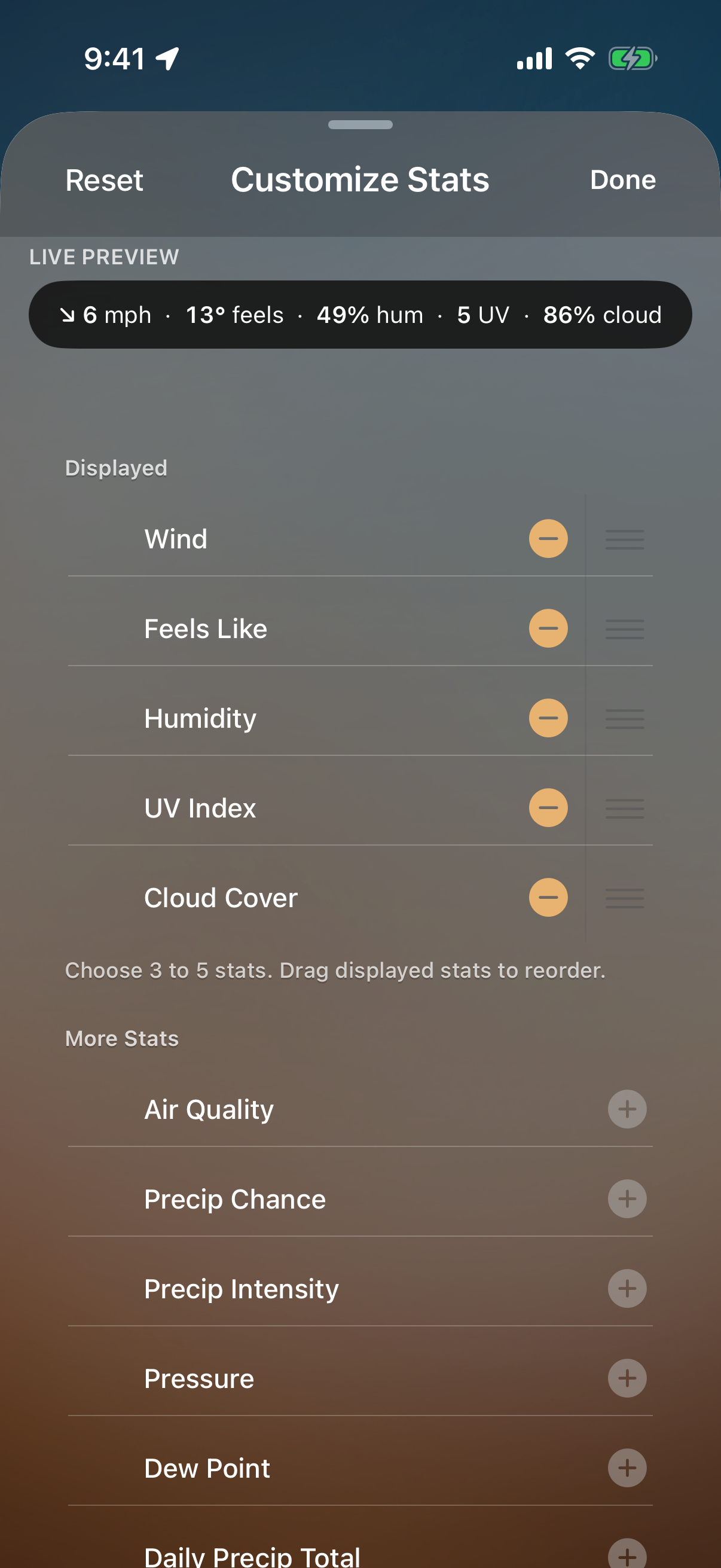 Fresh Air Customize Stats screen